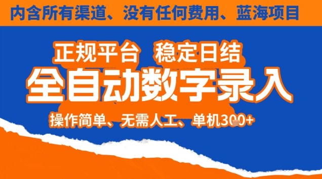 全自动数字录入，单机日入3张+，内含所有渠道全程免费零成本，操作简单可矩阵开干【揭秘】-网创联盟云网创
