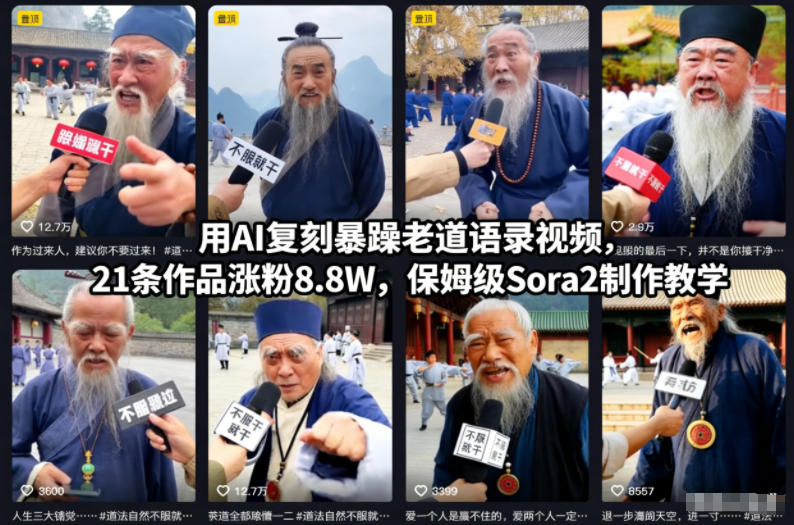 用AI复刻暴躁老道语录视频，21条作品涨粉8.8W，保姆级Sora2制作教学-网创联盟云网创