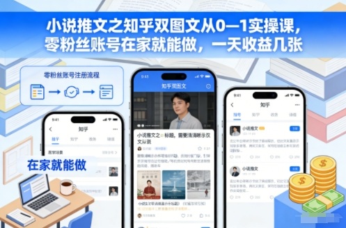 小说推文之知乎双图文从0—1实操课，零粉丝账号在家就能做，一天收益几张-网创联盟云网创