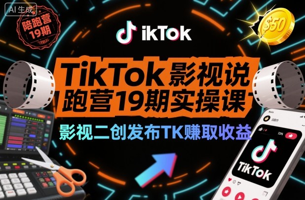 TikTok影视解说陪跑营19期实操课，影视二创发布TK賺取收益，万播收益50美金(更新)-网创联盟云网创