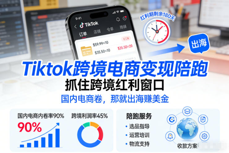Tiktok跨境电商变现陪跑，抓住跨境红利窗口，国内电商卷，那就出海賺美金-网创联盟云网创