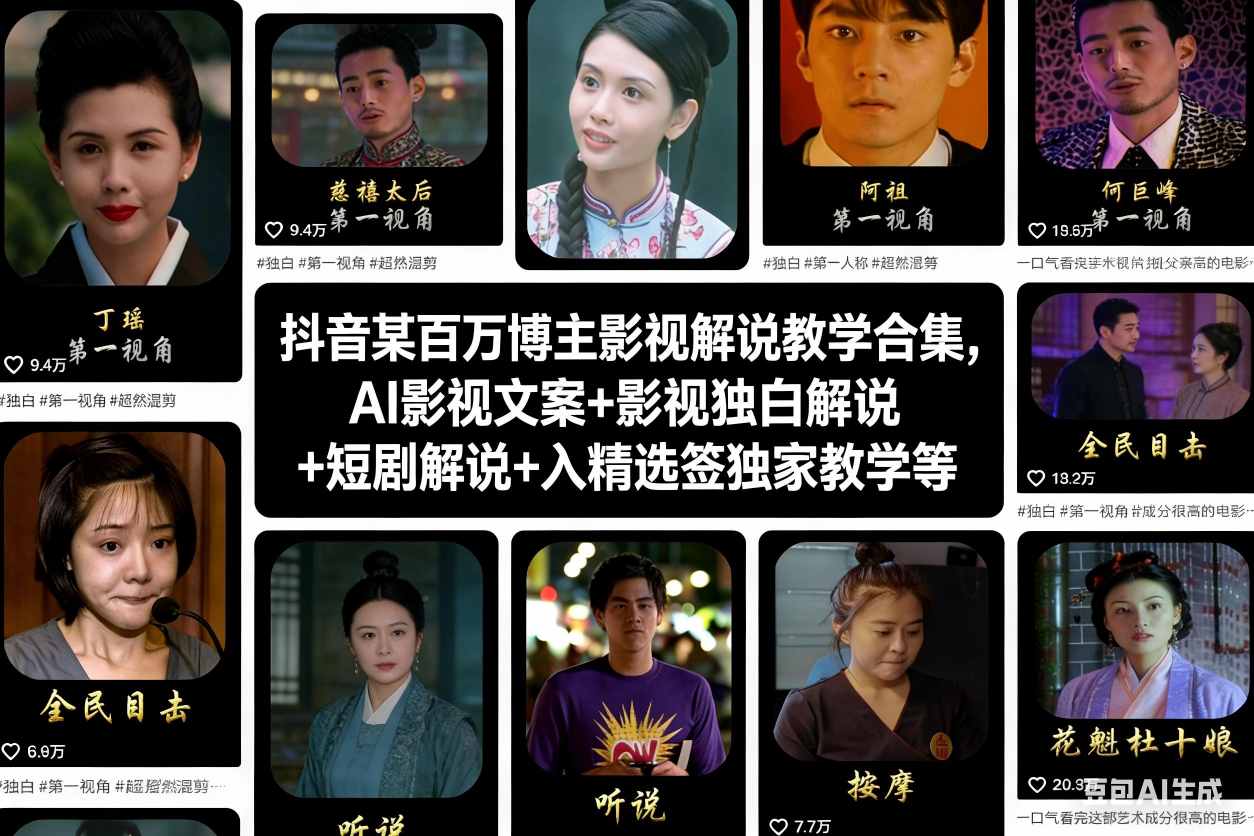 抖音某百万博主影视解说教学合集，AI影视文案+影视独白解说+短剧解说+入精选签独家教学等-网创联盟云网创