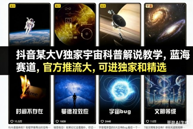 抖音某大V独家宇宙科普解说教学，蓝海赛道，官方推流大，可进独家和精选-网创联盟云网创