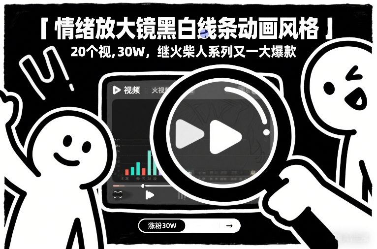 情绪放大镜黑白线条动画风格，20个视频，涨粉30W，继火柴人系列又一大爆款-网创联盟云网创