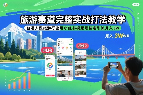 旅游赛道完整实战打法教学，普通人做旅游行业用小红书视频号精准引流月入3W-网创联盟云网创
