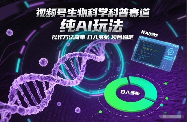 视频号生物科学科普赛道，纯AI玩法，操作方法简单，日入多张，项目稳定-网创联盟云网创