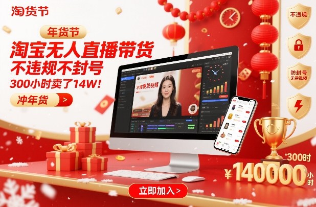 淘宝无人直播带货，不违规不封号，不需要发视频，300小时卖了14W！冲年货节【揭秘】-网创联盟云网创