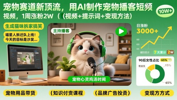 宠物赛道新顶流，用AI制作宠物播客短视频，1周涨粉2W(视频+提示词+变现方法)-网创联盟云网创