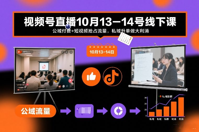 视频号直播10月13-14号线下课，公域付费+短视频抢占流量，私域升单做大利消-网创联盟云网创