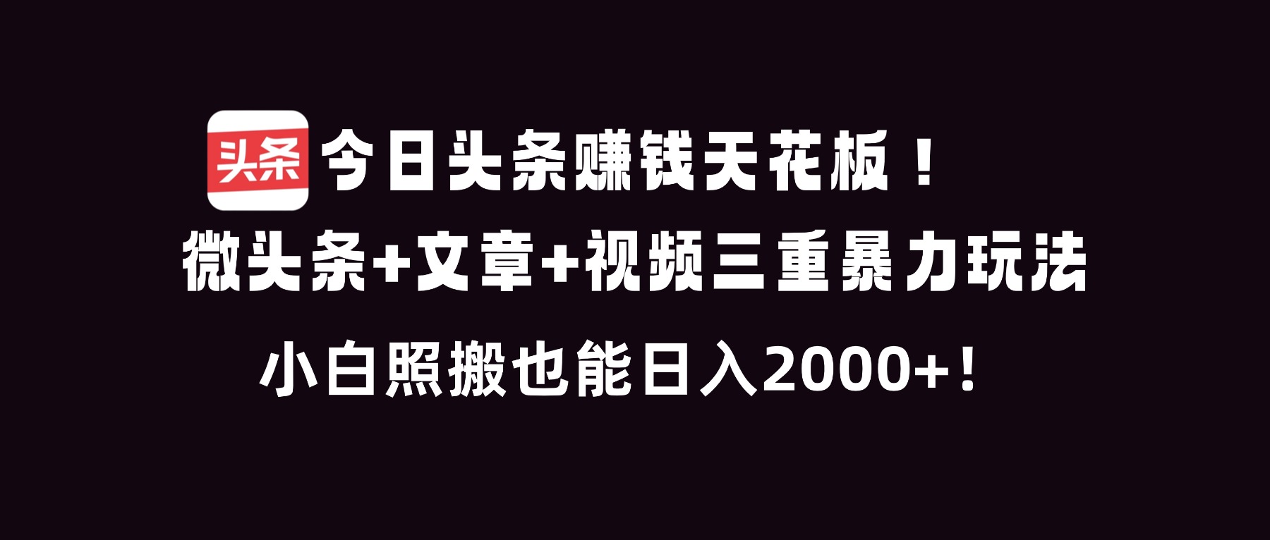 今日头条赚钱天花板！微头条+文章+视频三重暴利玩法，小白照搬也能日人2000+-网创联盟云网创