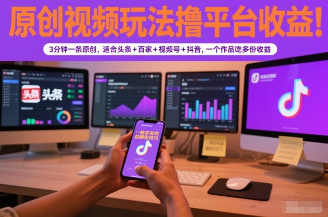 原创视频玩法撸平台收益，3分钟一条原创，适合头条+百家+视频号+抖音，一个作品吃多份收益-网创联盟云网创