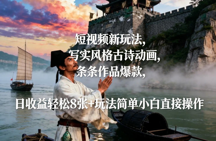 短视频新玩法，写实风格古诗动画，条条作品爆款，日收益轻松8张+玩法简单小白直接操作-网创联盟云网创