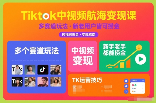 Tiktok中视频航海变现课，多个赛道玩法，新手老手都能在TK中视频捞金-网创联盟云网创