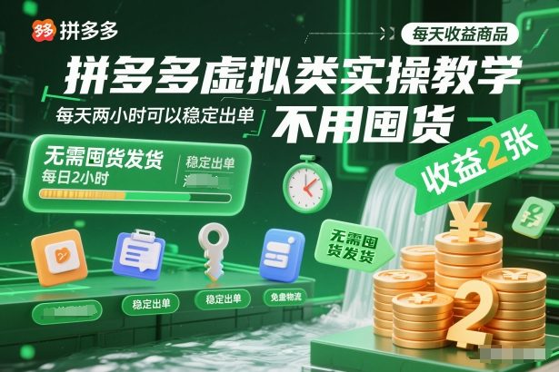 拼多多虚拟类实操教学，不用囤货、不用发货，每天两小时可以稳定出单，每天收益2张-网创联盟云网创