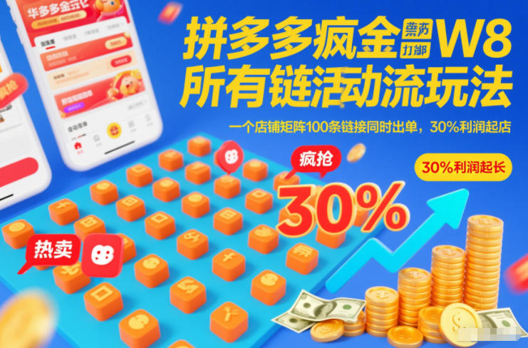 拼多多疯狂活动流玩法，所有链接全部打标，一个店铺矩阵100条链接同时出单，30%利润起店-网创联盟云网创