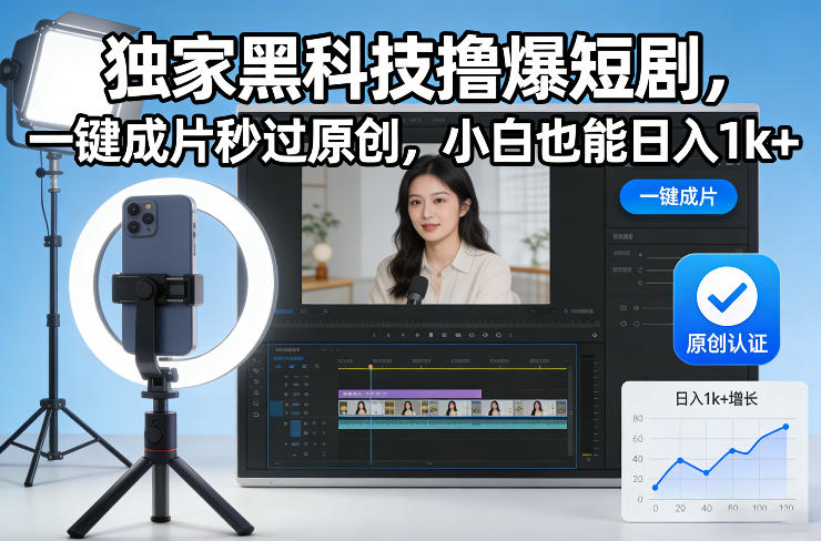 独家黑科技撸爆短剧，一键成片秒过原创，小白也能日入1k+【揭秘】-网创联盟云网创